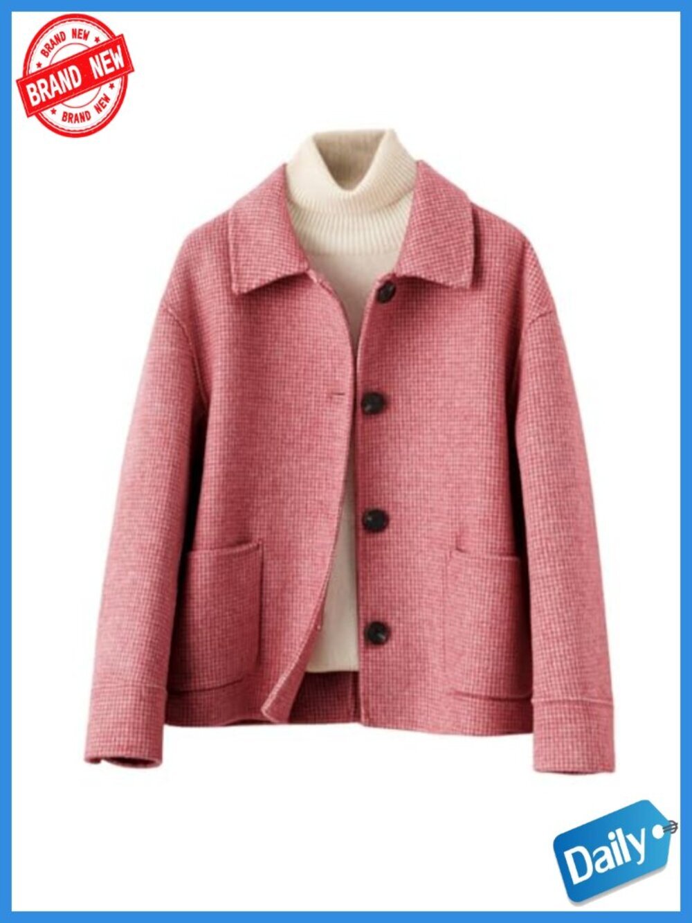 Wool Blend Houndstooth Plaid Cropped Pea Coat with Pockets